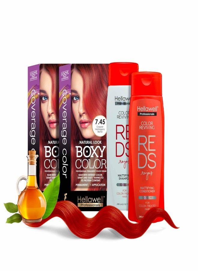 HELLAWELL PROFESSIONALS Professional Coloring kit - Permanent color cream hair dye. Gray Coverage. 7.45 Mahogany Copper Blonde + Red Color Shampoo and Conditioner Kit for Revives the Color. 8.11oz - Image 1